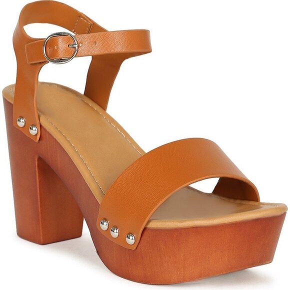 WOMENS WOODEN CLOG HEELED SANDALS AZANIA-1  Tan   Size 7.5 - Picture 1 of 2